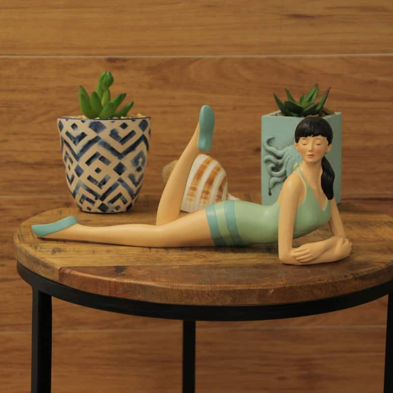 Brunette Bathing Beauty Figurine Vintage Charm In Striped Swimsuit - 5.75 X 12.5 X 3 inches