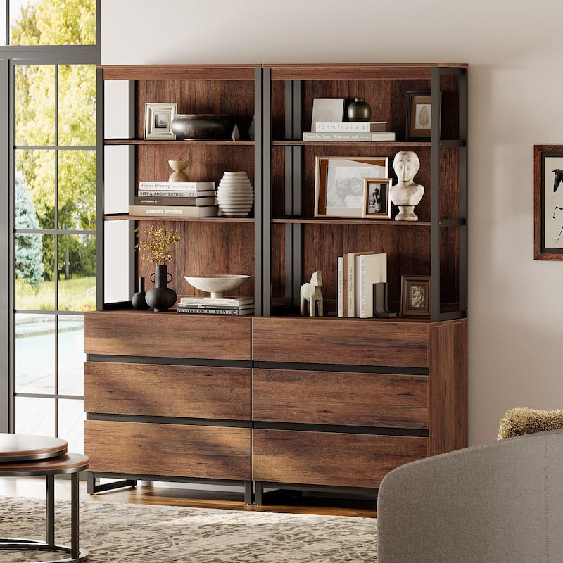 WAMPAT Modern 72" Tall Bookcase with Drawers and Open Book Shelfs, Library Book Shelf for Home Office, Living Room