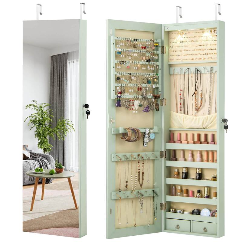Costway Mirrored Wall & Door Mounted Jewelry Cabinet Storage Organizer - See Details - Green