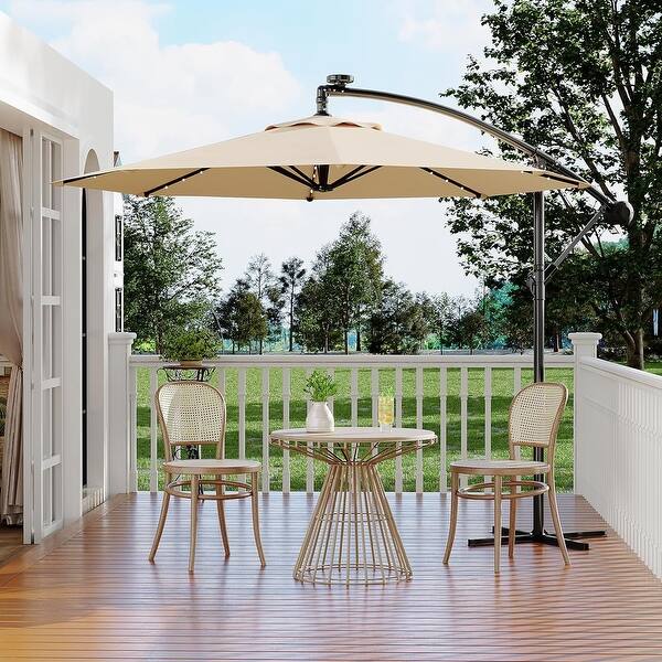 8' linen offset solar patio umbrella Sunnydaze 10-Foot Cantilever with Outdoor LED Lights, Crank, and Cross Base, Navy Blue Imagine hosting the perfect backyard dinner that stretches effortlessly into the night Volenca 8-ft Outdoor Solar LED