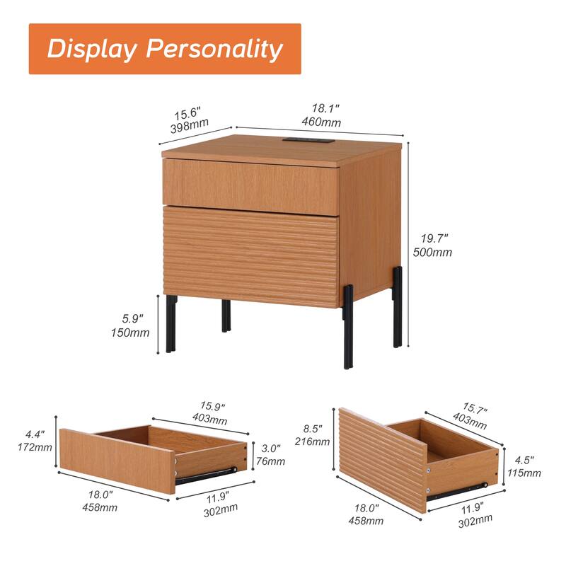 WAMPAT Fluted Nightstand with Charging Station,Modern Side Table with 2 Drawers
