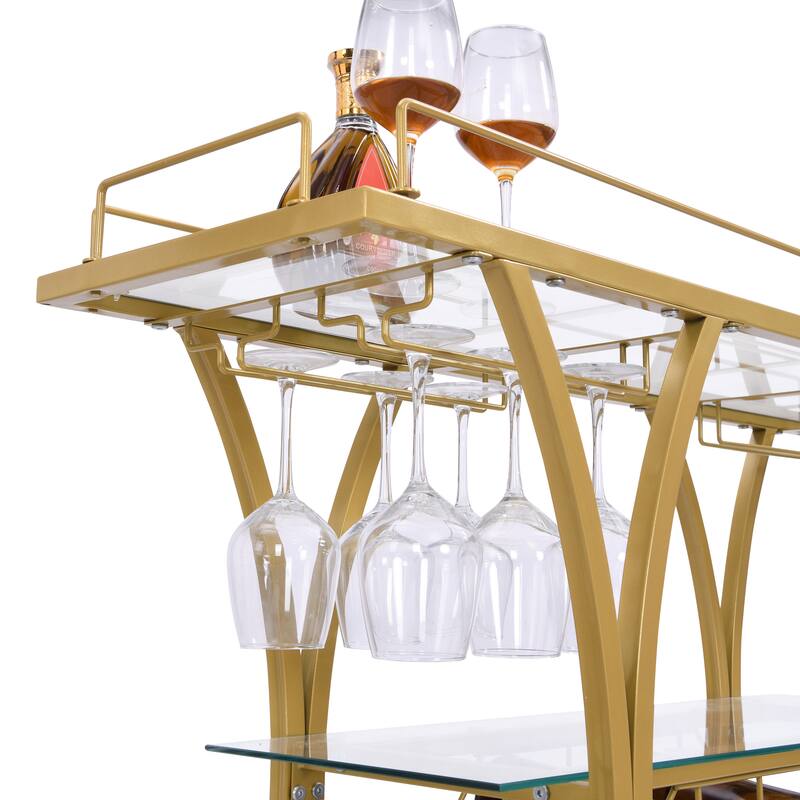 Serving Cart Glass Bar 3-Tier Metal Frame and Shelf