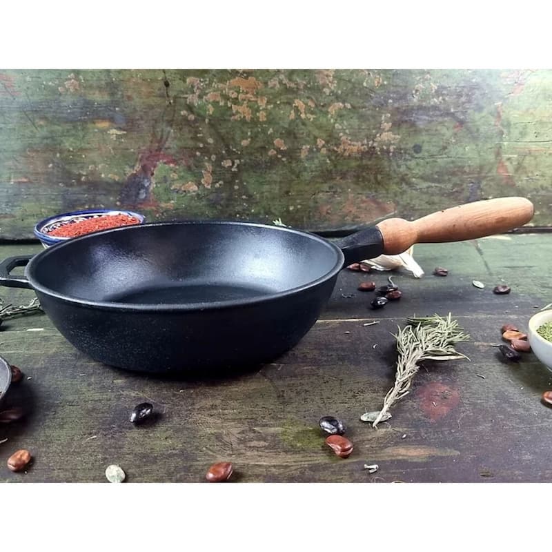 Cast Iron Frying Pan Brazier w/ Wooden Handle with Glass Lid