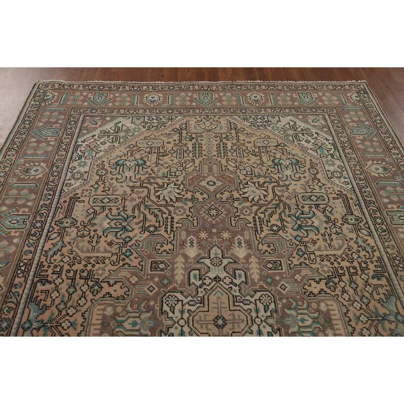 Geometric Tabriz Vintage Persian Area Rug Handmade Peach Wool Carpet - 6'5" x 9'5"
