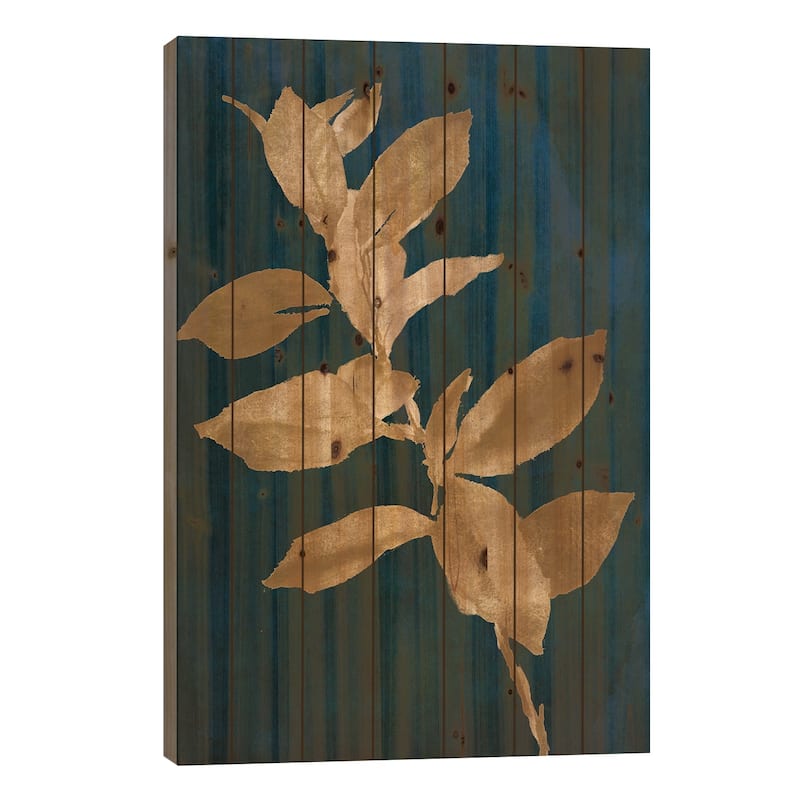 Gold Leaves on Navy IV Print On Wood by Lanie Loreth - Multi-Color - 26x18x1.5