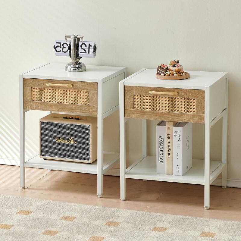 1-Piece or 2-Piece 15.74" Rattan Side Table with Drawer - White 2-piece