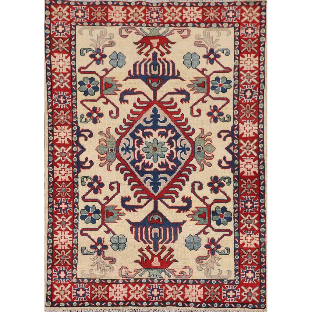 Geometric Kazak Accent Rug Hand-Knotted Foyer Wool Carpet - 3'5" x 4'10"