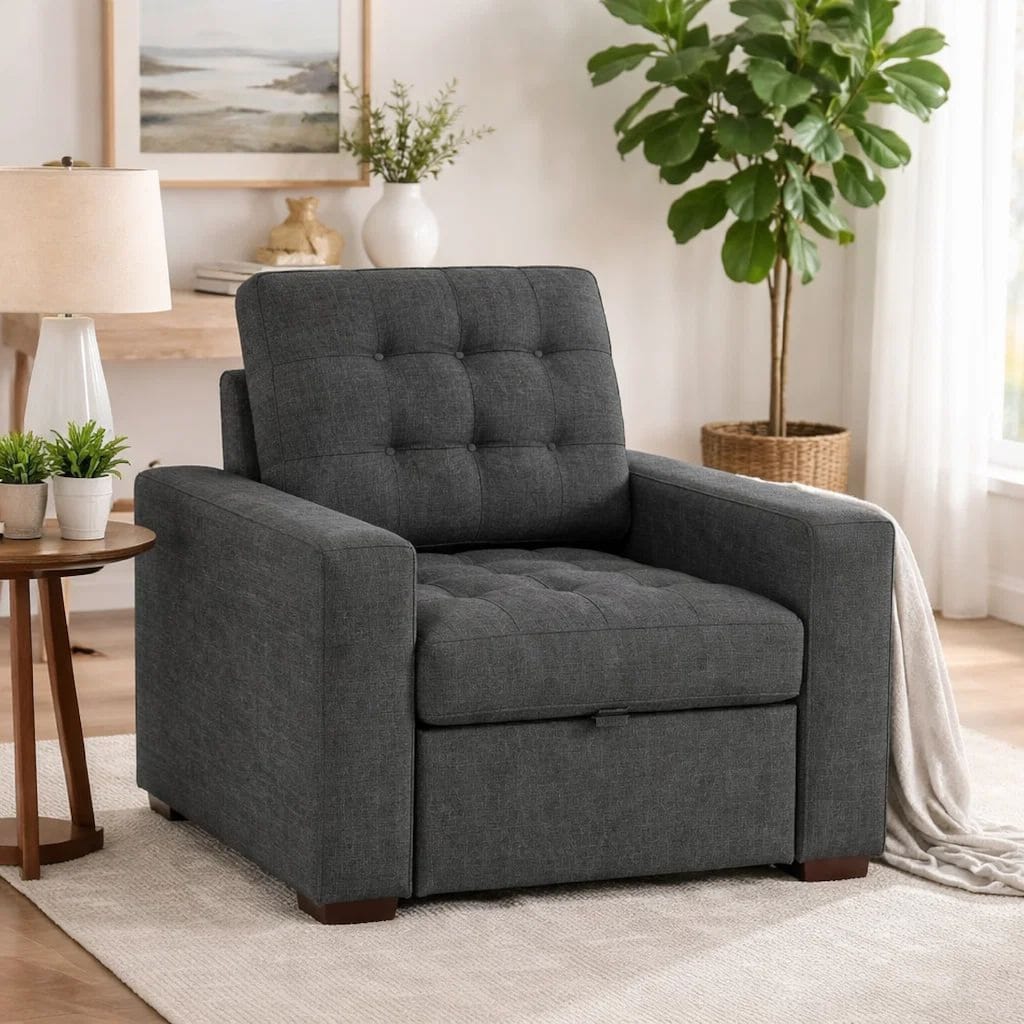 Cliff 37 Inch Chair, Pull Out Ottoman, Dark Gray Polyester, Espresso Wood