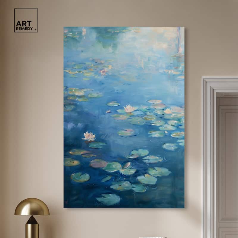 Art Remedy Lilypads In Blues Gallery Wrapped Impressionism 1 Piece Canvas Wall Art /Monet And Van Gogh Inspired Art