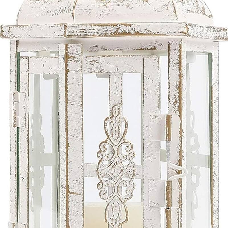 10" Clear And White Glass And Metal Distressed Tabletop Lantern Candle Holder