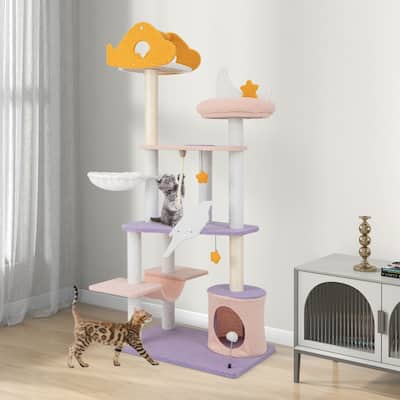 66 Inch Tall Cute Cat Tower with Sisal Covered Scratching Posts - 27" x 19" x 66"