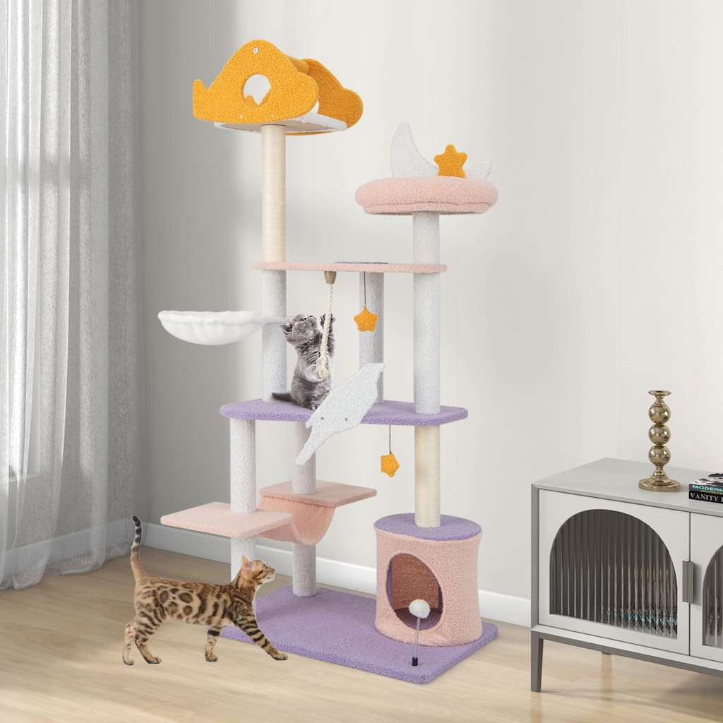 66 Inch Tall Cute Cat Tower with Sisal Covered Scratching Posts - 27" x 19" x 66"