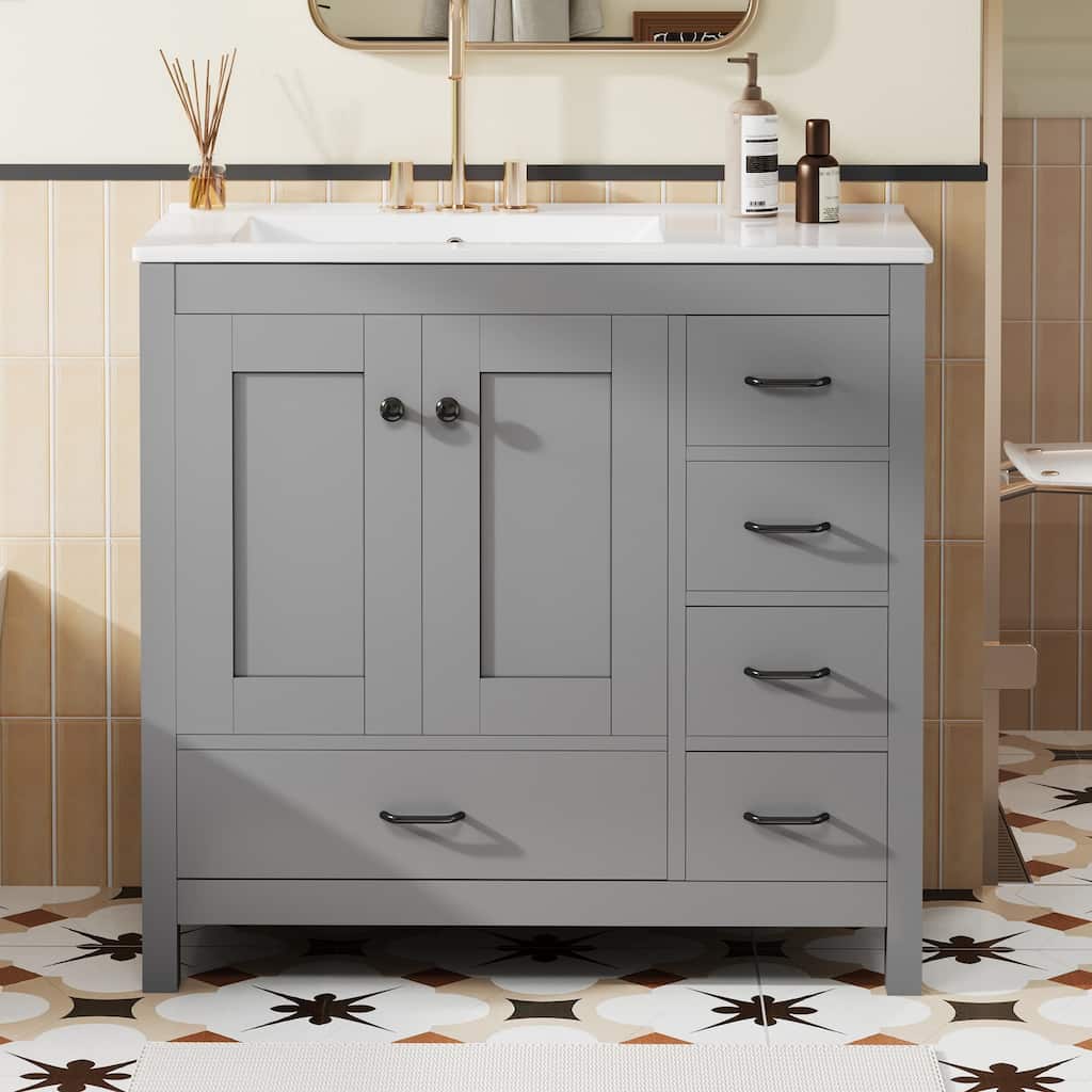 36" Bathroom Vanity with Ceramic Sink Bathroom Storage Cabinet with 2 Soft close doors and 5 drawers