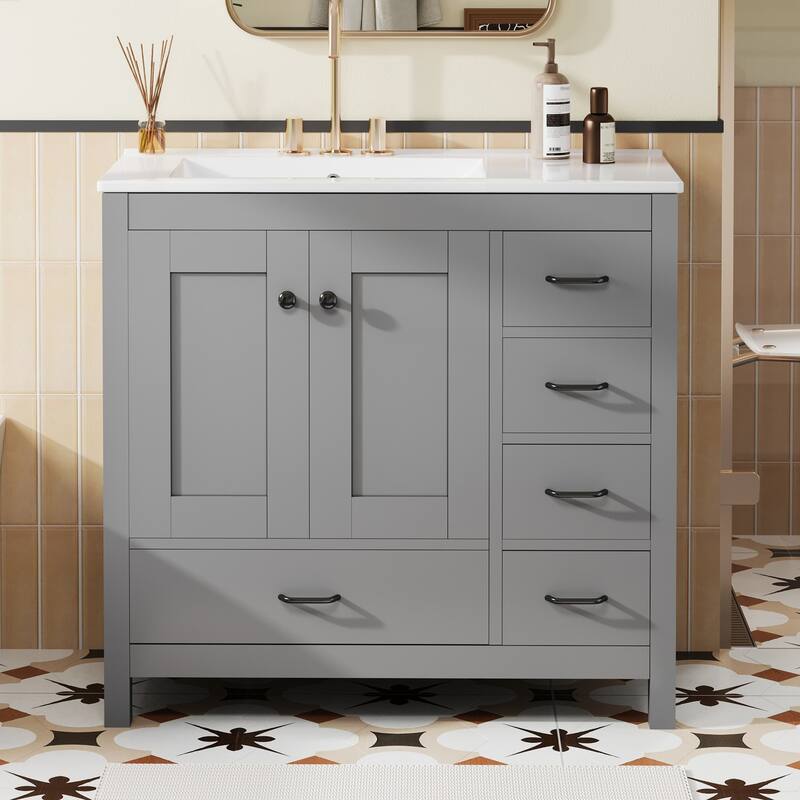 Bathroom Vanity with Ceramic Sink, Freestanding Single Basin Vanity Set, Bathroom Cabinet with 2 Soft Close Doors & 5 Drawers - Gray