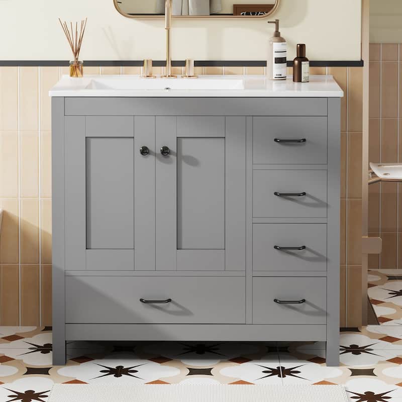 Roomfitters 36" Bathroom Vanity with Ceramic Sink Combo, Abundant Storage Cabinet with 2 Soft Close Doors and 5 Drawers - Gray