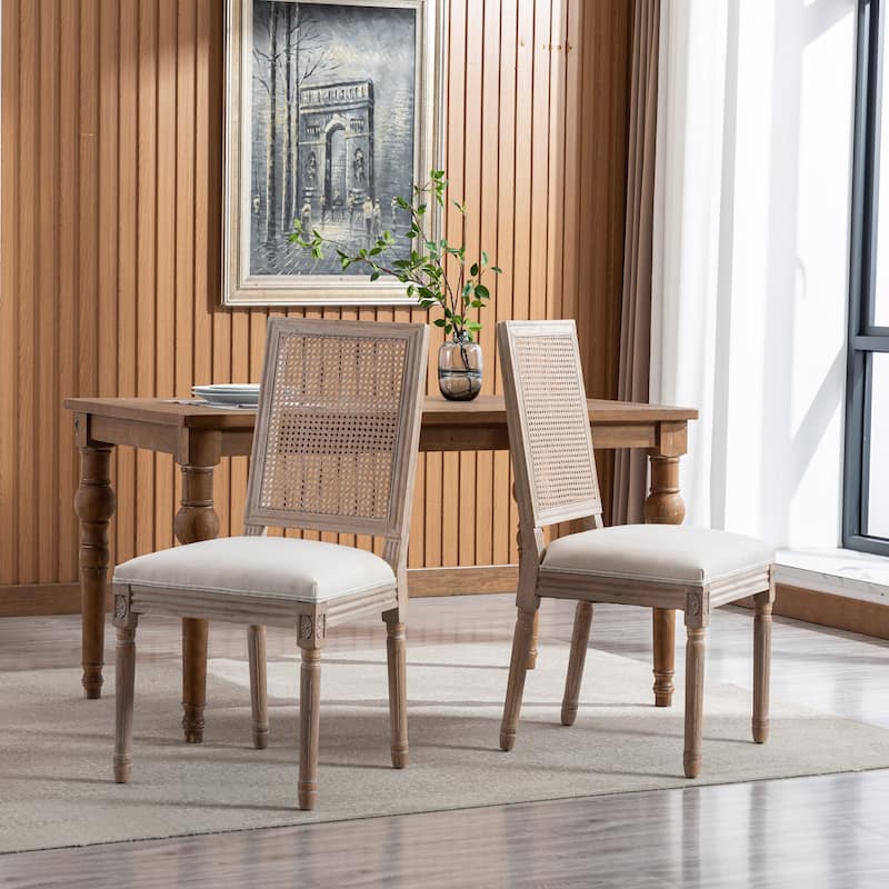 French Style Solid Wood Frame Linen Fabric Antique Painting Rattan Back Dining Chair ,Seat of 2,Cream