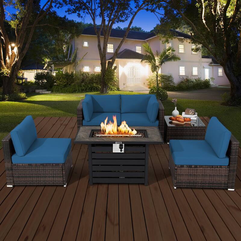 Costway 6PCS Patio Rattan Furniture Set 42'' Fire Pit Table Cover Sofa - See Details