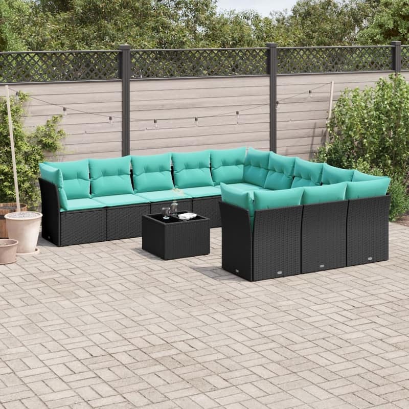 vidaXL 11 Piece Patio Sofa Set with Cushions Black Poly Rattan - Black - 24.4x27.2x24.4-With table