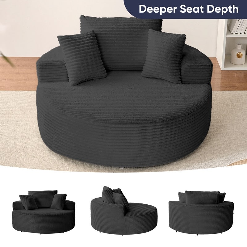 Corduroy Swivel Armchair with 360-degree Swivel, Deepseat Accent Barrel Round Sofa Chair with Pillows,Reading Chair
