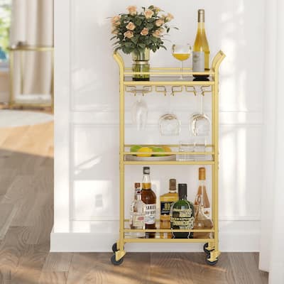 Mini Home Bar Cart with 3-Tier Shelf Wine Holders, and Glass Holders