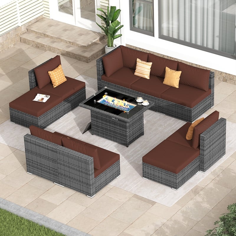 FINCATI 10-Piece Outdoor Wicker Sectional Furniture Set with Fire Pit Table for Backyard Patio - 10 PCS