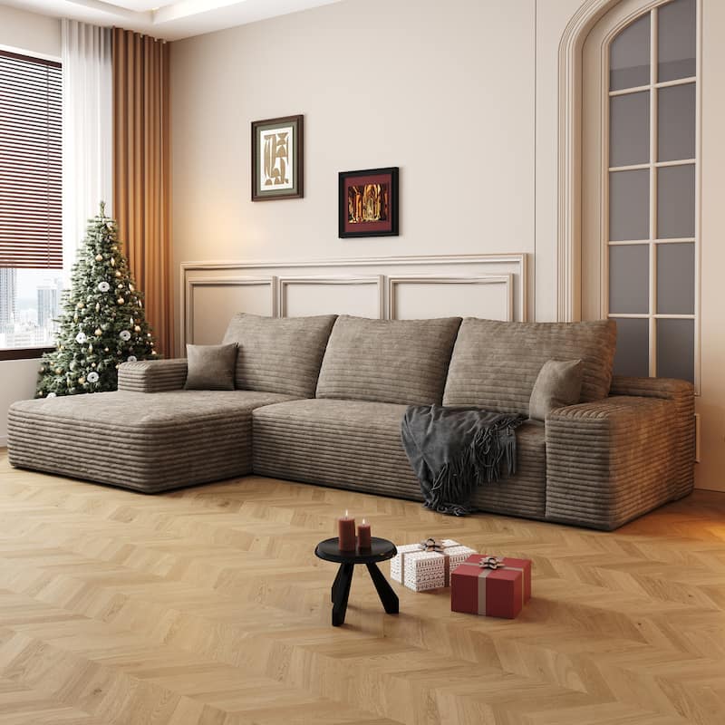 Cloud Sectional Couch with L-Shaped Chaise, Modular 3 Seat Corner Sectional Sofa, Corduroy Upholstered Sleeper Sofa - Camel
