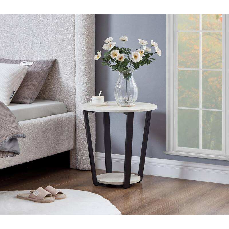 Contemporary Round End Table with Shelf, for Bedroom or Living Room, Off-White
