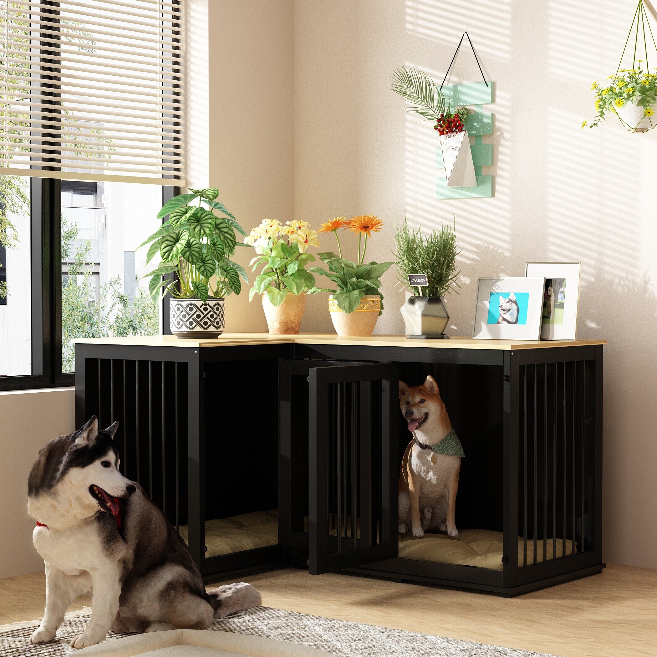 Large Corner Dog Crate Furniture, Wooden L Shaped Double Dog