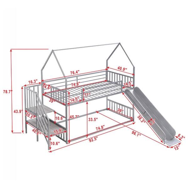 Twin Size Metal Bunk Bed House Bed with Slide and Staircase, Silver