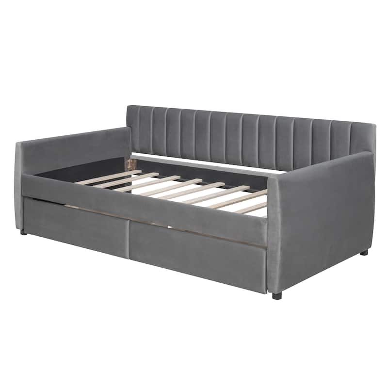 Upholstered daybed with Drawers, Wood Slat Support