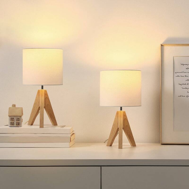 Set of 2 Modern Desk Lamps with Linen Drum Shade and Wooden Tripod Base for Bedroom or Living Room