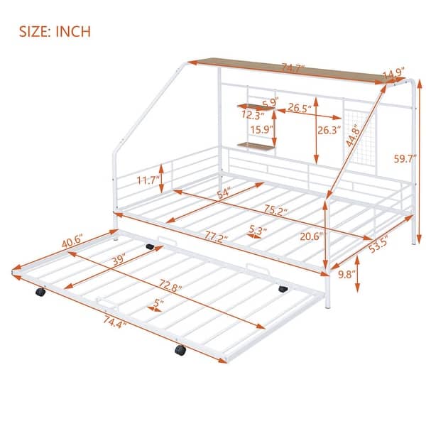 dimension image slide 2 of 4, Metal House Bed with Trundle, Twin/Full Size Daybed Playhouse Bed with Bulit-in Storage Shelves and Metal Grid for Kids Teens