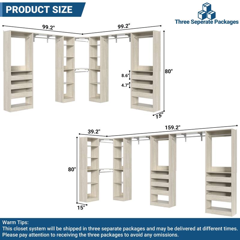 99''-159'' Freestanding Corner Closet System Set, Reversible Closet Organizer for Walk-in/ Reach-in Closet