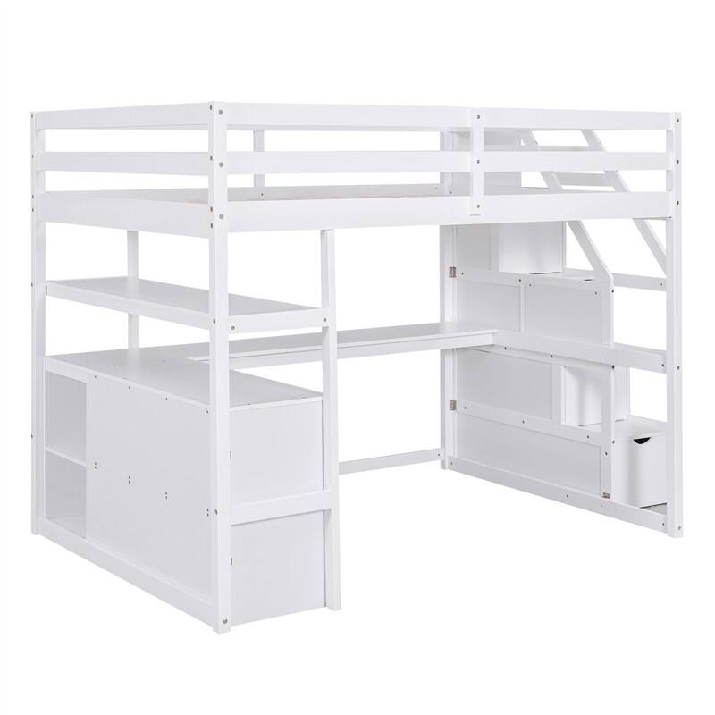 Twin/Full Size Stairway Loft Bed with Built-in Desk with Two Drawers, Solid Wood Bed Frame with Storage Shelves for Kids Teens
