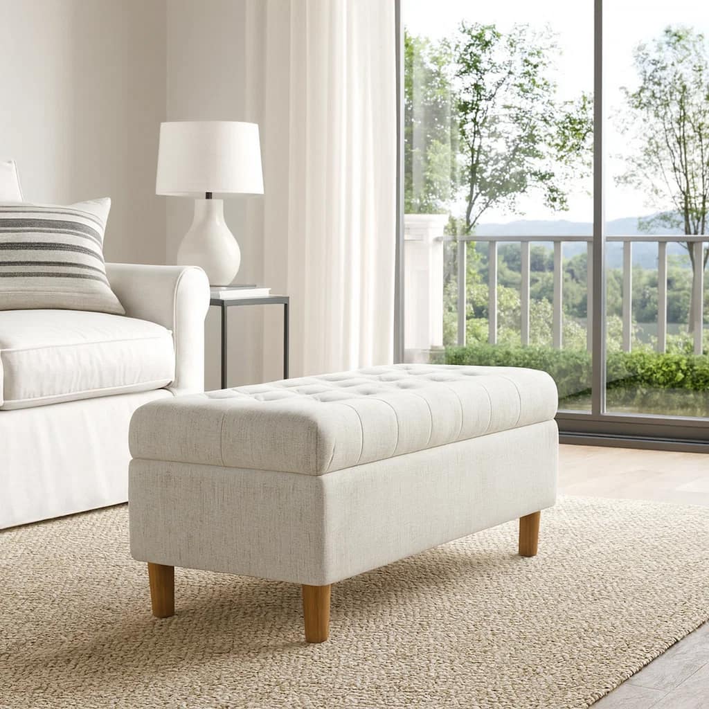 Sol Storage Bench Ottoman, Cream Woven Fabric, Brown Wood, 40 Inch