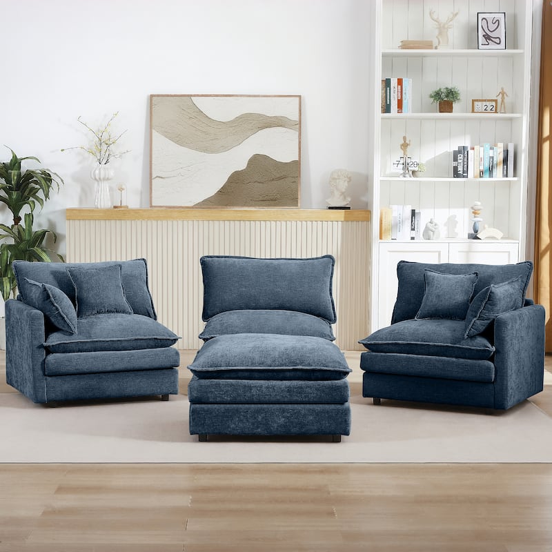 Chenille Chaise Sectional Sofa with Ottoman and 3-layers Cushions