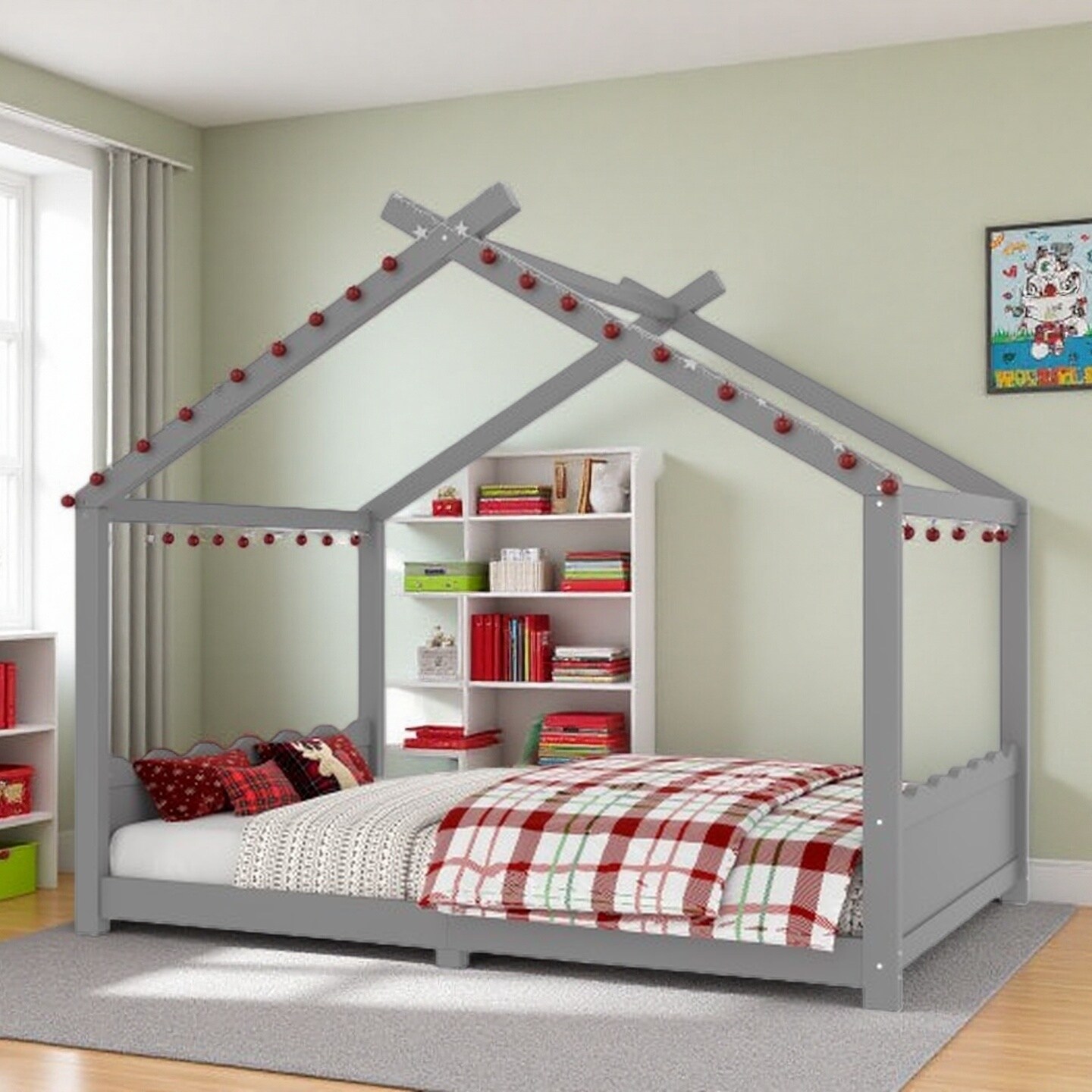 Twin House Floor Bed with Solid Wood Frame, Montessori Low-Profile Design, Integrated Support Slats, No Box Spring Needed