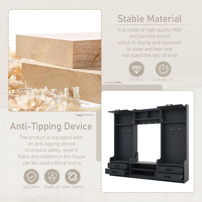 Roomfitters 4-in-1 Detachable Hall Tree with Hooks and Drawers, Entryway Coat Rack with Shoe Bench and Storage Cabinet