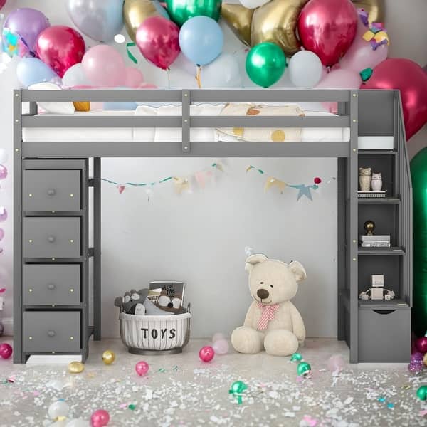 slide 2 of 42, Modern Twin Size Loft Bed With 4 Storage Drawers,Shelves and Stairs,Solid Construction Grey