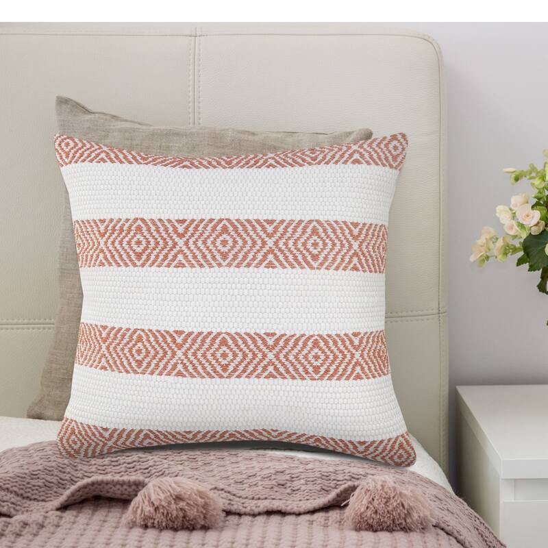 20" Orange and White Geometric Striped Square Throw Pillow
