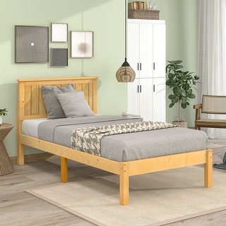 Twin Size Solid Pine Wood Platform Bed with Headboard and Wood Slat ...