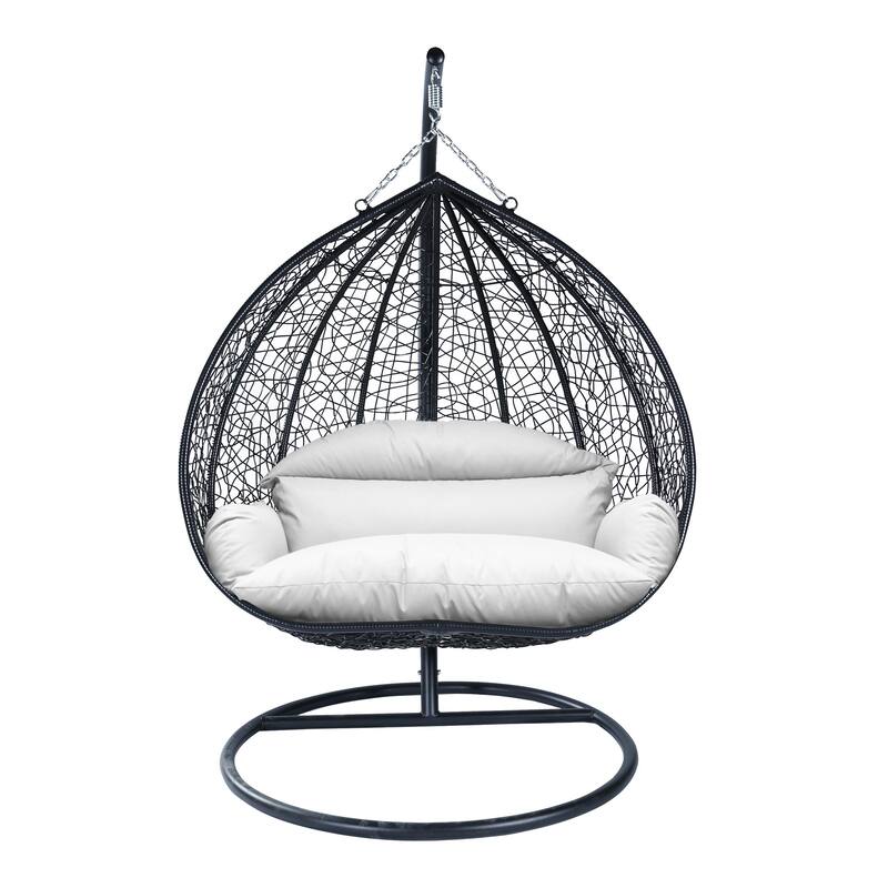 2-Person Outdoor Hanging Egg Chair with Teardrop Frame, Weather-Resistant Cotton Cushioned Seat for Patio and Indoor Use - White