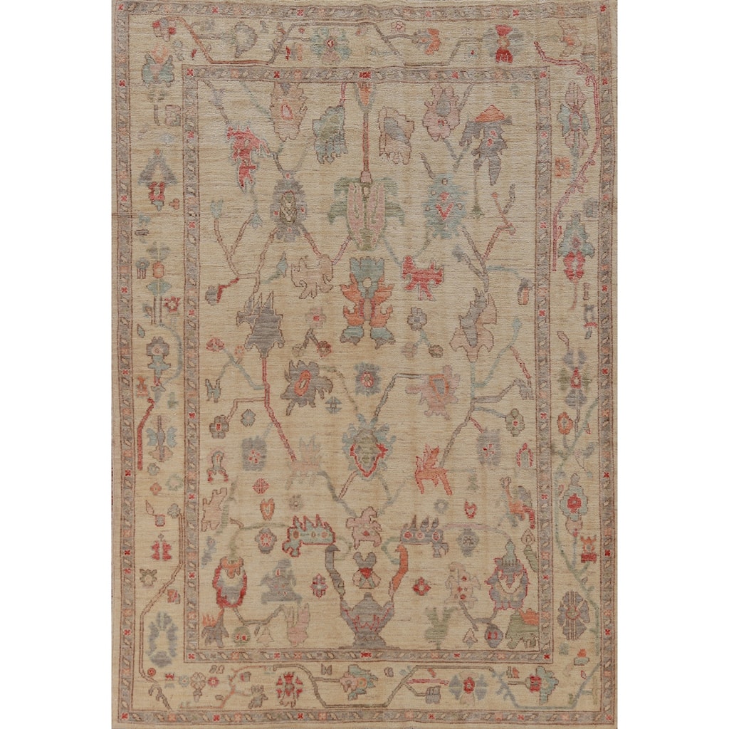 Hand Knotted Oriental 100% Wool Carpet Transitional All-Over Beige & Ivories Oushak Area Rug - 9' 2'' X 6' 2''