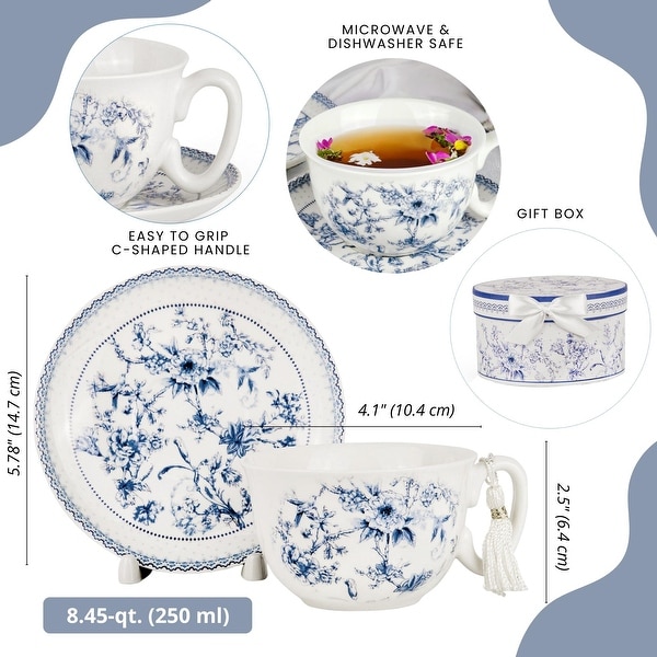 Elegant Blue Bone China Cup and Saucer Set in Gift Box - 8.45fl oz