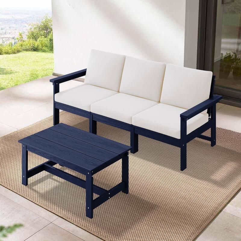 Outdoor Patio HDPE 3-Seat Sofa and Coffee Table Set, Removable Cushions Included