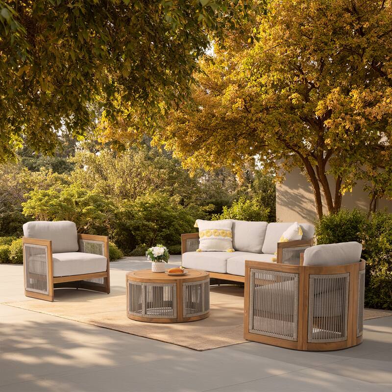 Outdoor 4-Piece Wood Sofa Set With Round Coffee Table