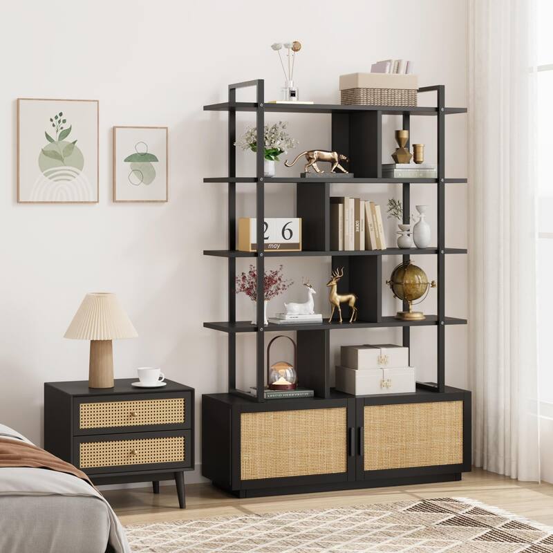 5 Tier Rattan Bookshelf with Storage Cabinet & Door - Black
