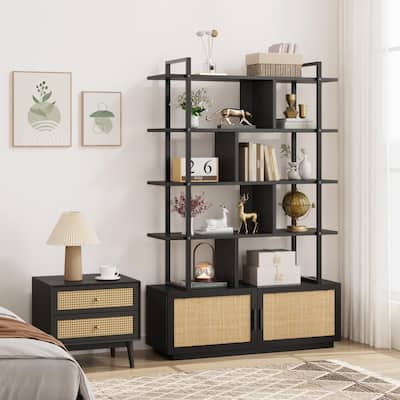 5 Tier Rattan Bookshelf with Storage Cabinet & Door