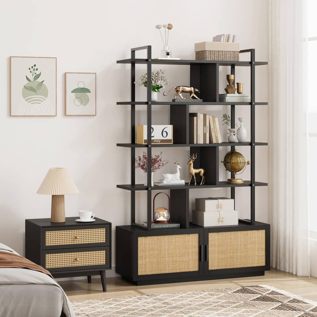 5 Tier Rattan Bookshelf with Storage Cabinet & Door
