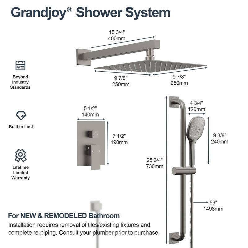 GRANDJOY 2-Spray Concealed Rain Shower System with Handheld, Wall-Mount Modern Design